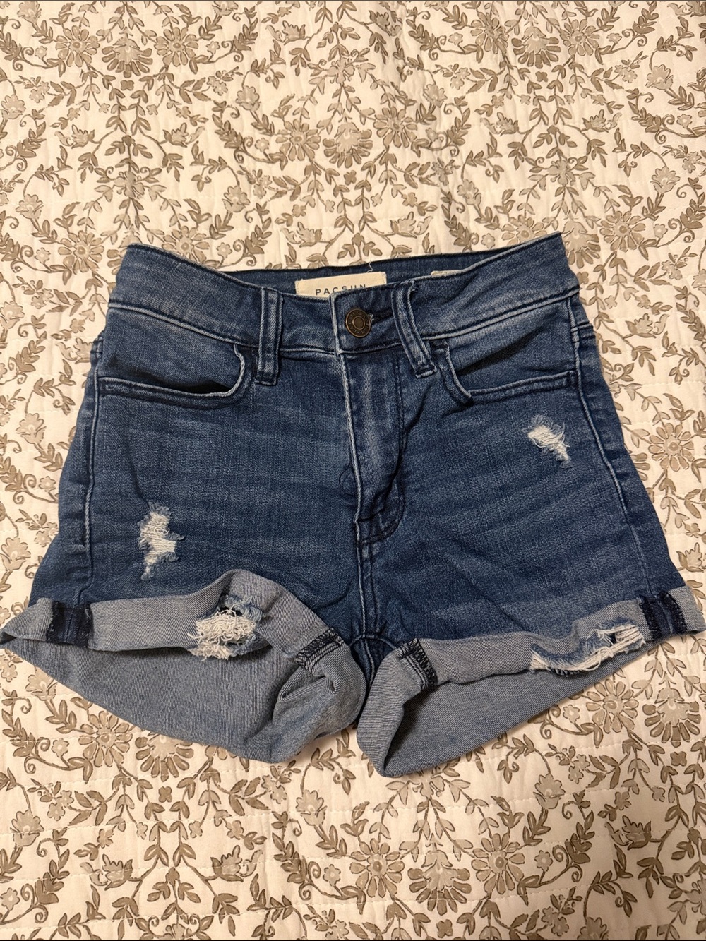 PacSun Women's Blue Distressed Rolled-Hem Denim Shorts